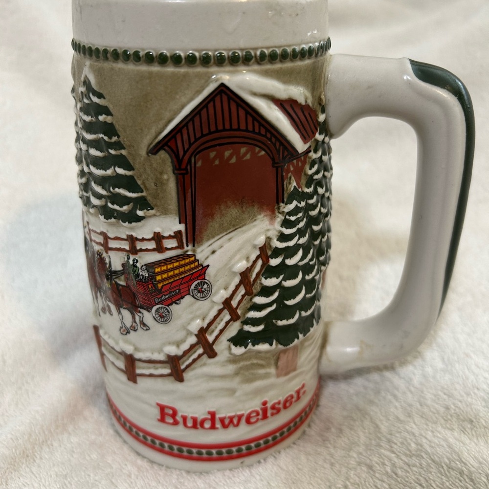Budweiser Limited Edition Beer Stein with Red and Green Winter Scene